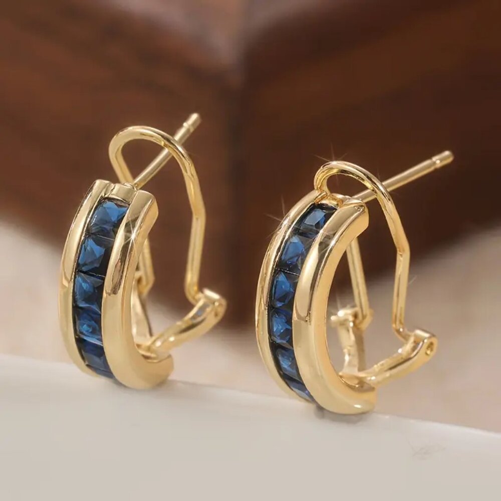 NEW blue channel set CZ omega back earrings gold tone - Picture 3 of 4